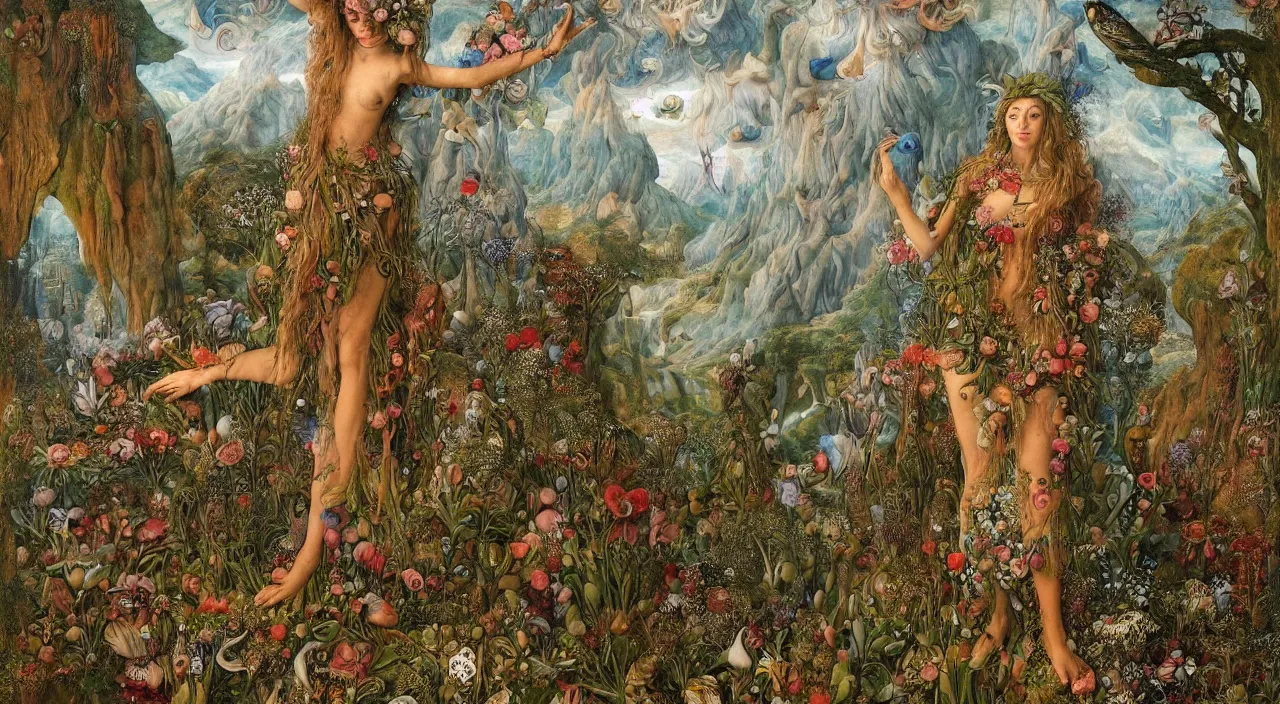 Prompt: a meditating druid dryad surrounded by flowers transforming herself into a giant fish. her skin is covered in scales and feathers. landscape with mountains, river and burning stars. painted by jan van eyck, max ernst and ernst haeckel, trending on artstation, 8 k, award winning, hard lighting, fashion editorial, mythology, photorealistic, ernst fuchs