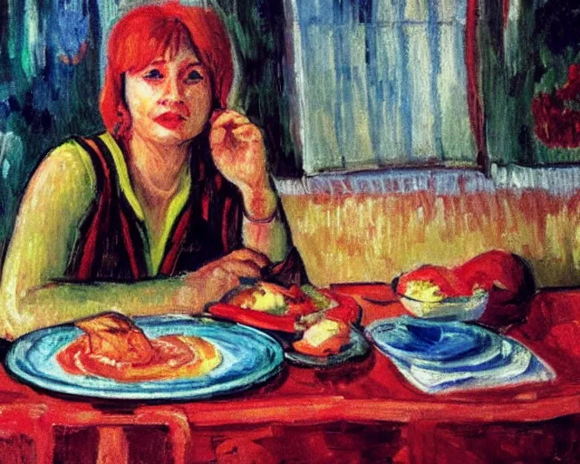 Image similar to a russian woman sitting at a table with a plate of food in dark warm light, a character portrait by nadya rusheva, featured on cg society, neo - fauvism, movie still, 8 k, fauvism, cinestill, bokeh