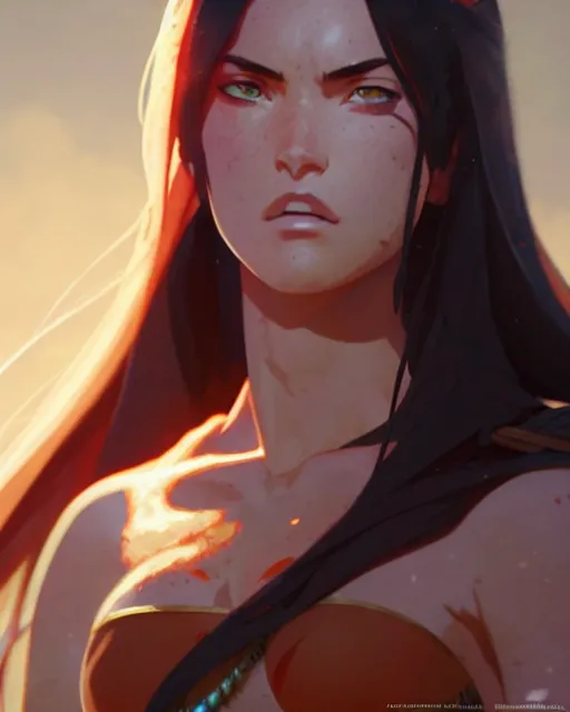 Prompt: azctec warrior, megan fox, detailed perfect face, exquisite details, fire magic, full view, by studio muti, greg rutkowski makoto shinkai takashi takeuchi studio ghibli