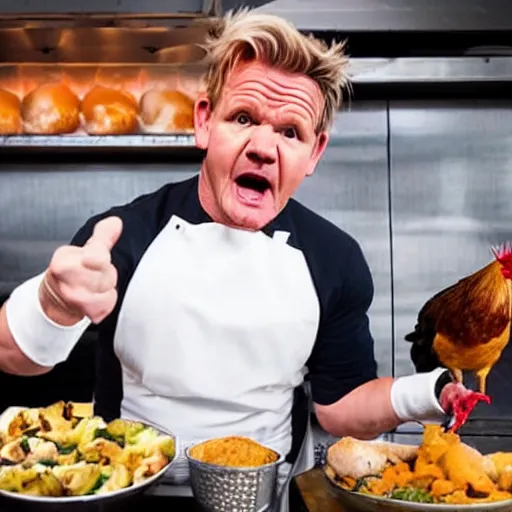 Prompt: photograph of Gordon Ramsay yelling at a chicken for serving raw human