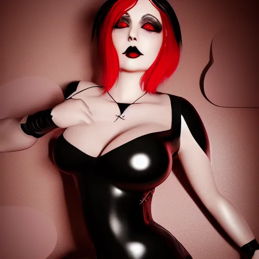 Prompt: a feminine curvy pale young hot goth cutie wearing a regal red-silver-gold-black latex-nylon outfit, dark eyeshadow, eyelashes, cgsociety, photorealistic, sublime-hyperadvanced-amorous ambience, 16k, smooth, sharp focus, trending on ArtStation, volumetric lighting, fully clothed, thin waist