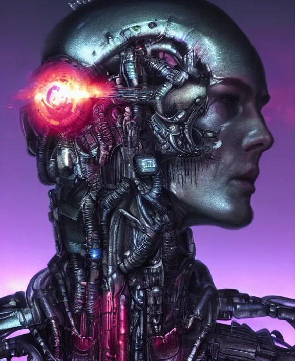 Image similar to an upper body portrait of a cyborg soldier burning with purple fire, by hr giger and beksinski and stephan martiniere, 4 k resolution, detailed, 3 d render, unreal engine, octane render, trending on artstation