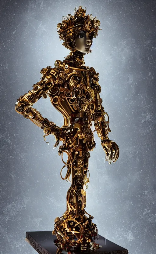 Image similar to baroque and cyberpunk style full-body sculpture of a young seductive Hispanic prince half android with a chest exposing a glowing ruby battery with porcelain arms posed like a model, glowing gold laser eyes, crown of white gears and sparkling diamonds, swirling white-colored silk fabric, robot dinosaurs. geometric elements. reflective surfaces. intricate artwork by caravaggio. art by Artgerm and Alphonse Mucha, Trending on artstation, cinematic industrial lighting, photorealistic, octane render, 8k, depth of field, 3D