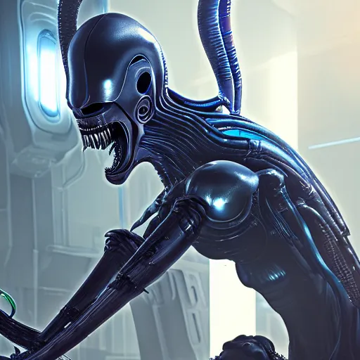 Image similar to futuristic cyberpunk alien xenomorh queen robot concept, highly detailed, photorealistic portrait, bright studio setting, studio lighting, crisp quality and light reflections, unreal engine 5 quality render