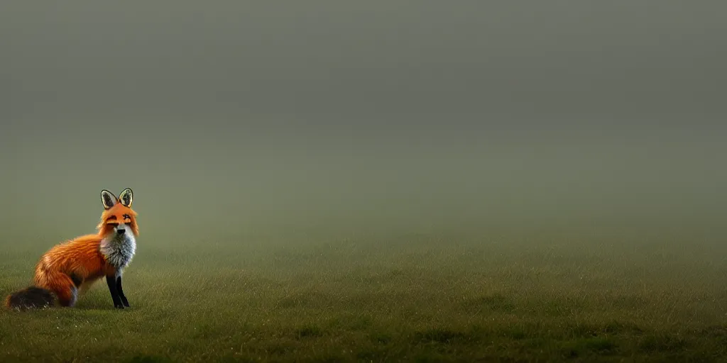 Prompt: Lone fox sitting near idyllic pond, meadow, blanket of fog, rain, volumetric lighting, beautiful, golden hour, sharp focus, ultra detailed, cgsociety