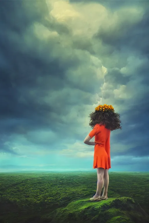 Image similar to closeup giant dahlia flower as head, girl standing on mountain, body of ronnie coleman, surreal photography, blue storm clouds, dramatic light, impressionist painting, digital painting, artstation, simon stalenhag