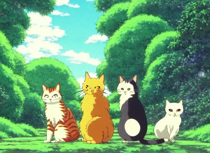 Prompt: anime fine details portrait of joyful cute cats play in nature, trees, green meadows at night, bokeh. anime masterpiece by Studio Ghibli. 8k, sharp high quality classic anime from 1990 in style of Hayao Miyazaki