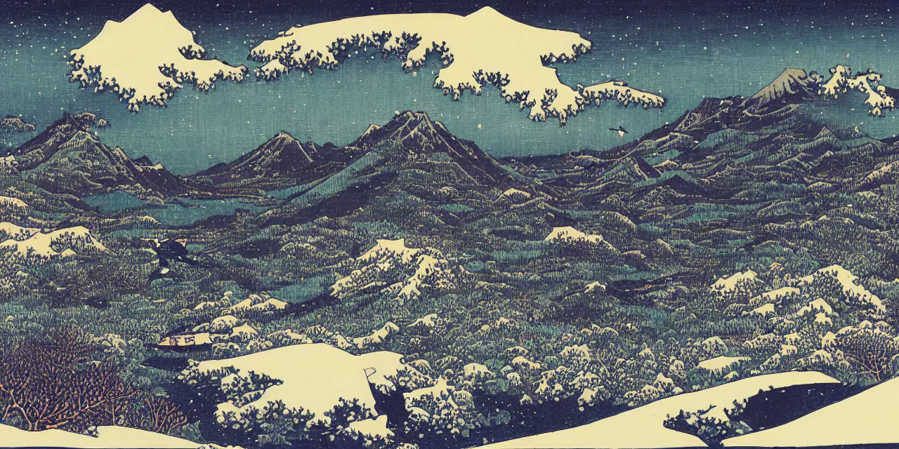 Prompt: laurentian appalachian mountains in winter, unique, original and creative landscape by hokusai, snowy night, distant town lights, aurora borealis, deers, ravens and crows, footsteps in the snow, brilliant composition, fascinating textures