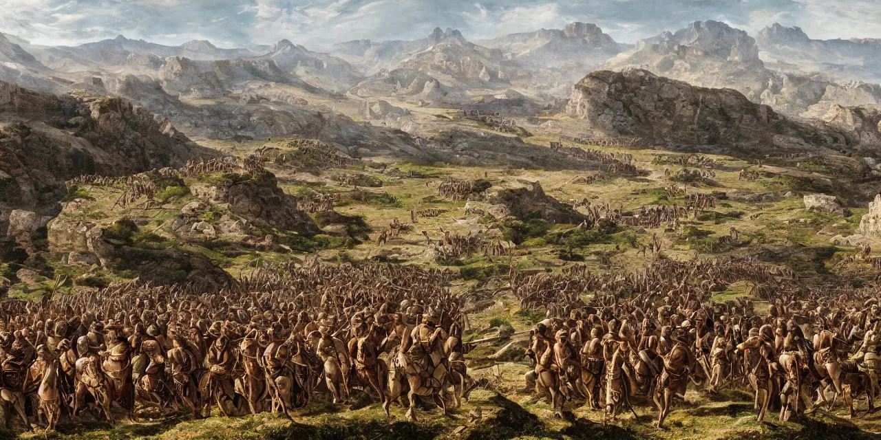 Prompt: Wide shot of epic Italian landscape near river Aufidus, distant battle of Cannae 216 BCE, with republic-era Roman soldiers in formations, Carthaginian phalanxes in formations, sharp focus, illustration, by Stéphane Bourez, László Szabados