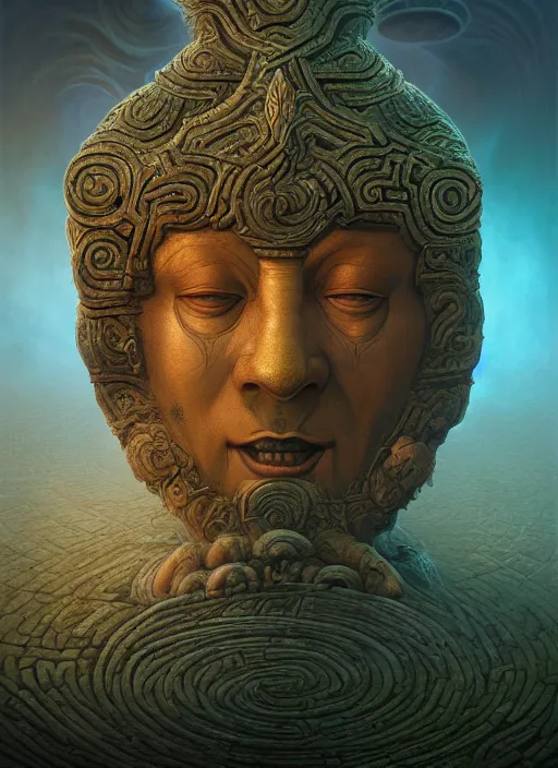 Image similar to helmet of a forgotten deity with a labyrinth, in the style of tomasz alen kopera and fenghua zhong and peter mohrbacher, mystical colors, rim light, beautiful lighting, 8 k, stunning scene, raytracing, octane, trending on artstation