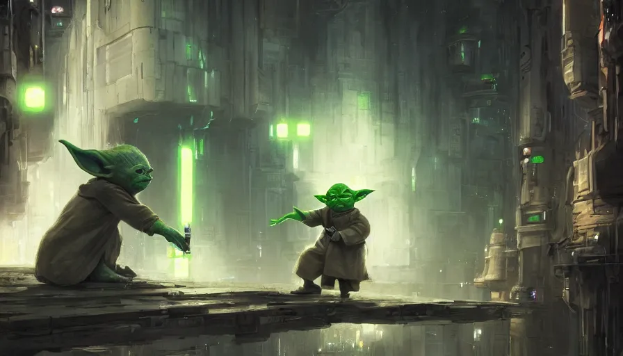 Prompt: Yoda being drunk in an alley at coruscant, close-up shot, details, sharp focus, illustration, by Jordan Grimmer and greg rutkowski, Trending artstation, pixiv, digital Art