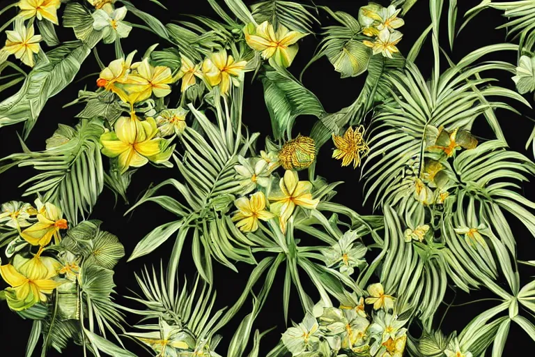 Image similar to photorealistic print of exotic, elegant tropical prints, isolated in a black background : : green surreal plants, golden flowers, art nouveau, trending on artstation