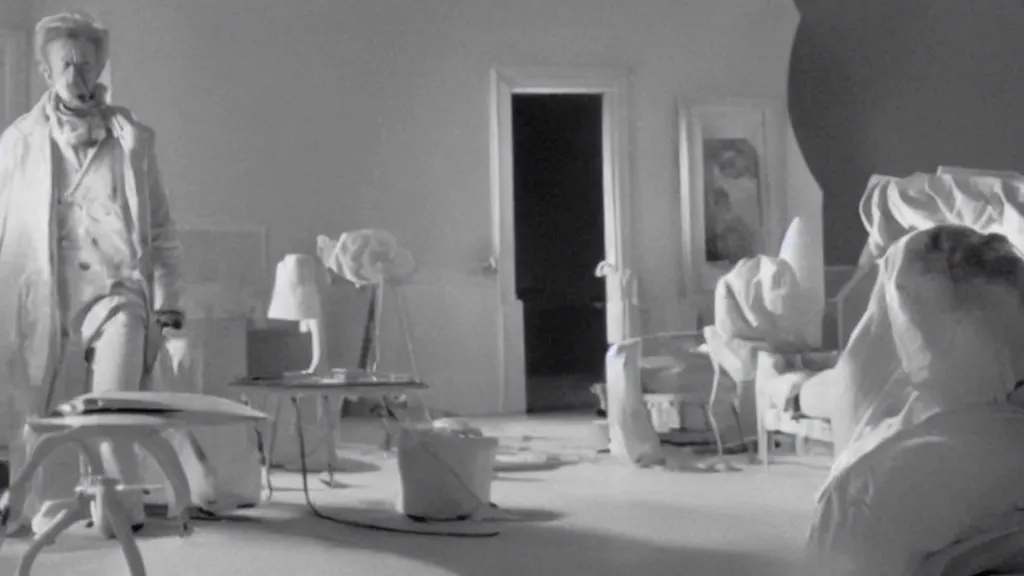 Image similar to an mri image of james cavell in the living room, film still from the movie directed by denis villeneuve with art direction by salvador dali, wide lens