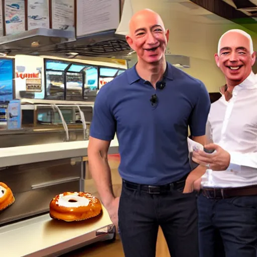 Image similar to 8k hyper realistic HDR portrait photo of Dunkin Donuts employee with Jeff Bezos’ face