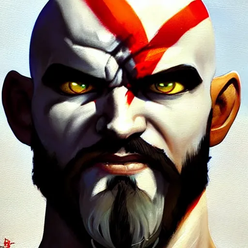 Image similar to Greg Manchess portrait painting of Kratos as Overwatch character, medium shot, asymmetrical, profile picture, Organic Painting, sunny day, Matte Painting, bold shapes, hard edges, street art, trending on artstation, by Huang Guangjian and Gil Elvgren and Sachin Teng