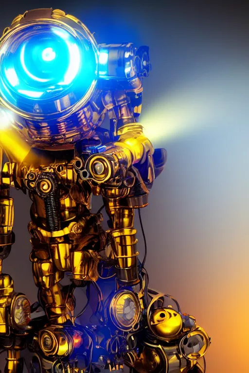 Image similar to portrait photo of a giant huge golden and blue metal humanoid steampunk robot, television camera on the shoulder, with gears and tubes, eyes are glowing red lightbulbs, shiny crisp finish, 3 d render, 8 k, insaneley detailed, fluorescent colors, background is multicolored lasershow