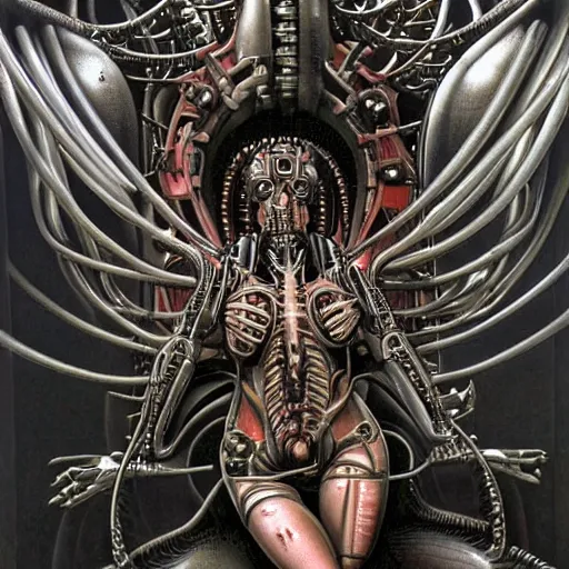 Prompt: britney spears encased in biomechanical machine, heavy conduits, complex scene, rich composition, heavy in detail, corruption, smooth, sharp focus, airbrush, illustration, symmetrical, art by h. r. giger