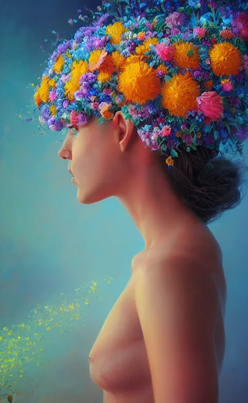 Image similar to a beautiful oil painting hyperrealism of a beautiful woman, flowers, floral headdress, 8 k resolution, octane render, trending on artstation, by gediminas pranckevicius, volumetric light 2 blue fractal thunder glow by dan mumford, anaglyph effect, laurie lipton