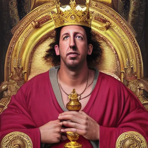 Prompt: a restored classic portrait painting of adam sandler sitting in his throne as the most powerful king - god in the world he wears red an purple robes and a large golden crown besides him is a ceremonial sword, fantasy art, hyper detailed, extremely complex, hyper realistic art by artgerm and greg rutkowski and alphonse mucha