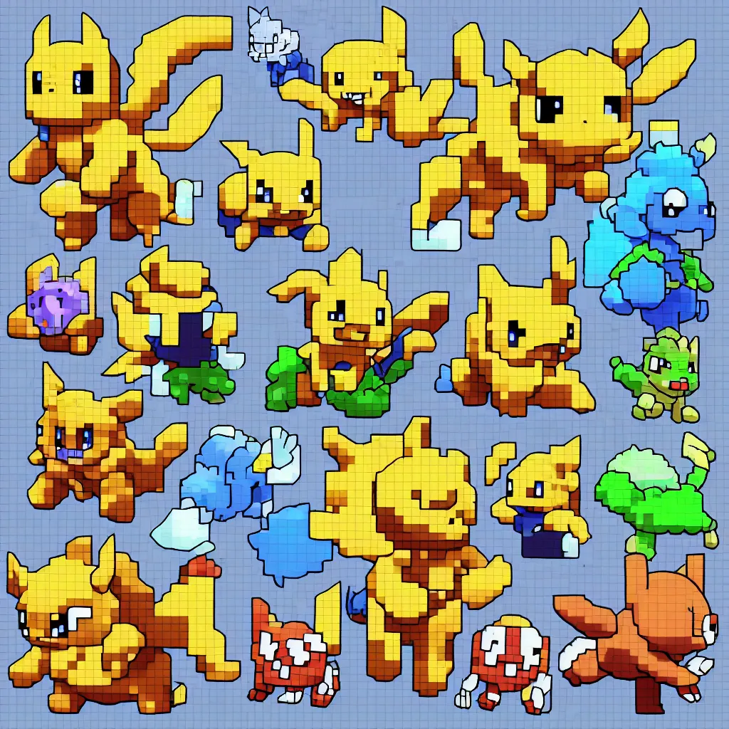 Image similar to pixelated pokemon monster inspired by ragnarok online, 1 2 8 bit, 1 0 0 0 x 1 0 0 0 pixel art, 4 k, super detailed, nintendo game, pixelart, high quality, no blur, sharp geometrical squares, concept pixelart