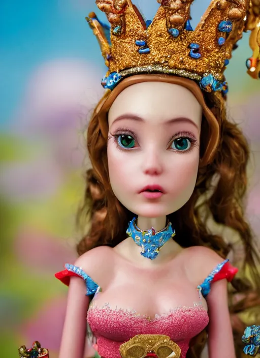 Image similar to closeup face profile portrait of tin toy fairytale princess wearing a crown eating cakes, bikini, depth of field, zeiss lens, detailed, symmetrical, centered, fashion photoshoot, by nicoletta ceccoli, mark ryden, lostfish, breathtaking, 8 k resolution, extremely detailed, beautiful, establishing shot, artistic, hyperrealistic, octane render