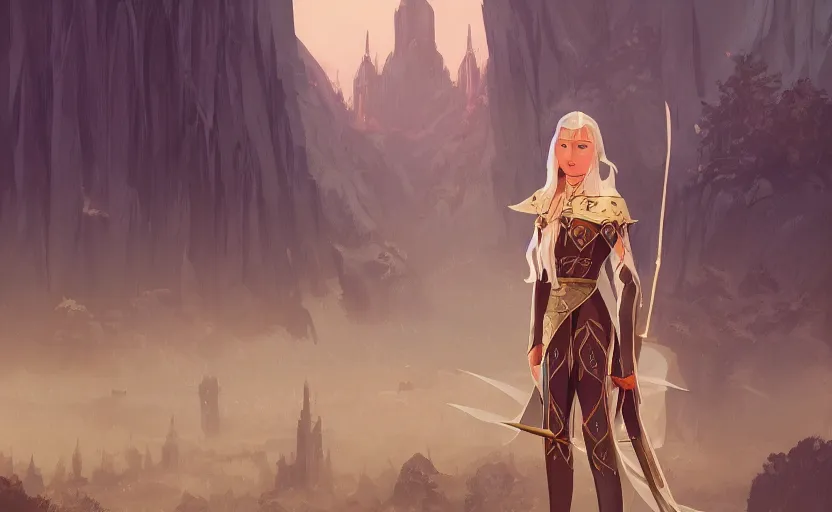 Image similar to the elder scrolls vi a portrait of a regal blond elven princess warrior near the epic entrance to a city. illustration by atey ghailan