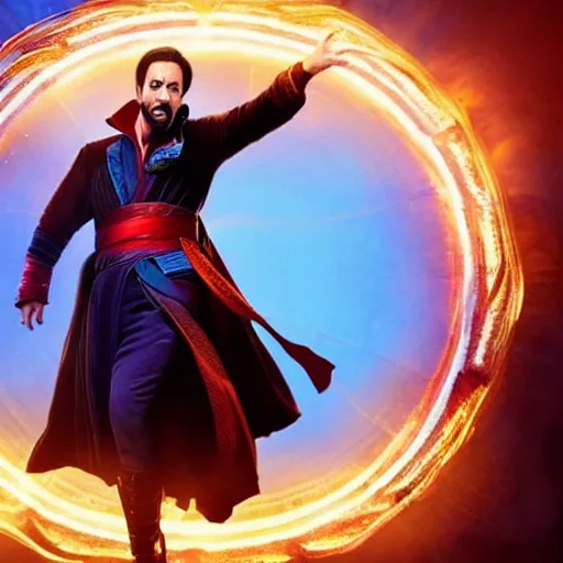 Image similar to A movie still of Lin-Manuel Miranda as Zombie Dr Strange, dynamic lighting, 8k, Heroic Pose, 2022 picture of the year