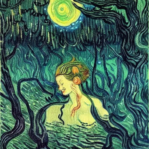 Prompt: towering misty dark fantasy forest surrounding a pond, a rusalka sits on the roots of an ancient tree looking up at the moon, looming trees, midnight, painting by van gogh