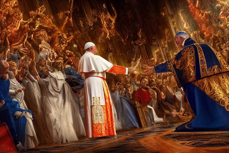 Image similar to the pope shaking hands with the evil, hyper detailed, orange red blue tones dramatic lighting, cgsociety, realistic, hyper detailed, insane details, intricate, dramatic lighting, hypermaximalist, golden ratio, rule of thirds, octane render, weta digital, micro details, ultra wide angle, artstation trending, 8 k