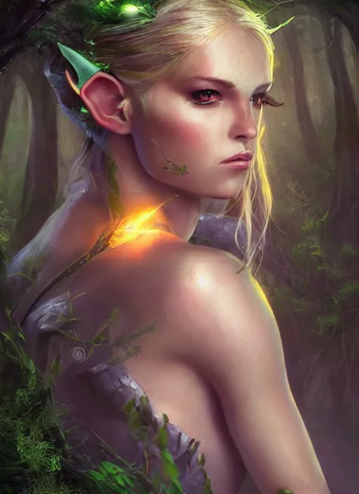 Prompt: A hyperrealistic fantasy portrait painting of a beautiful female elf in a lush dark atmospheric lightning forest, DAZ, hyperrealistic, ambient light, dynamic light, artstation, deviantart, nice body
