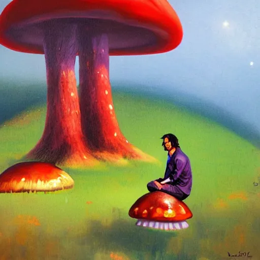 Prompt: Keanu Reeves sitting on a giant mushroom by paul lehr