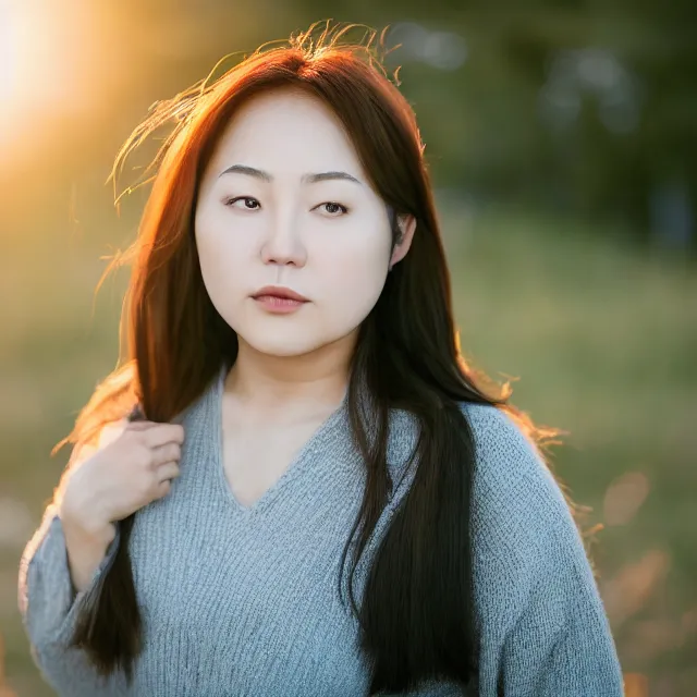 Prompt: photo of a korean woman who looks just like danny devito, portrait photo, golden hour, backlit, outdoors, nature, 8 5 mm f / 2. 4