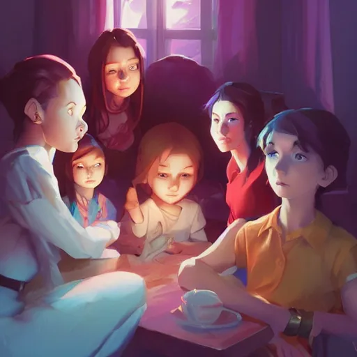 Image similar to a mother with her five daughters, beautiful faces, behance hd by jesper ejsing, by rhads, makoto shinkai and lois van baarle, ilya kuvshinov, rossdraws global illumination