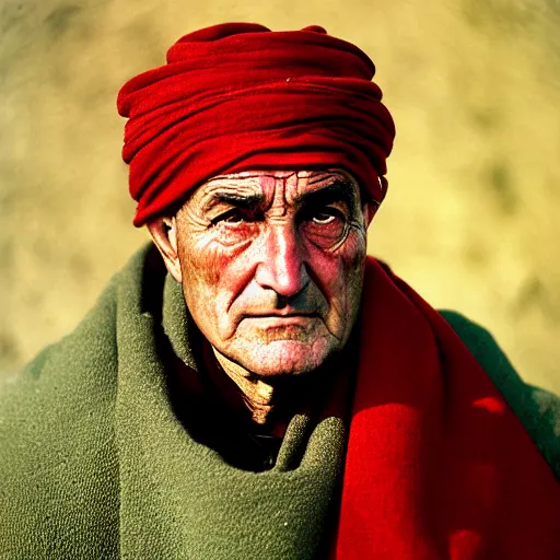 Prompt: portrait of president lyndon b johnson as afghan man, green eyes and red scarf looking intently, photograph by steve mccurry