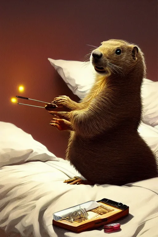 Prompt: drug addicted groundhog with a needle lies on the bed, realistic portrait, highly detailed, digital painting, artstation, concept art, smooth, sharp focus, illustration, cinematic lighting, art by artgerm and greg rutkowski and alphonse mucha