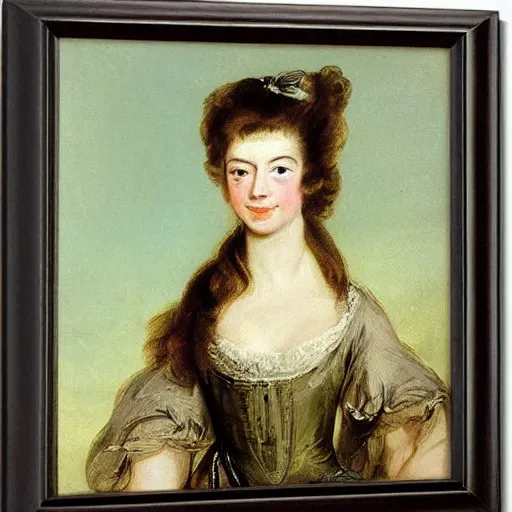 Prompt: portrait of a young woman with a happy face in the year 1760 by Thomas Gainsborough