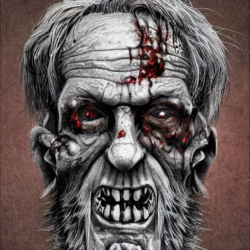 Prompt: elderly zombie man, intricate, art by greg rutkowsk, high detailed, 4 k,
