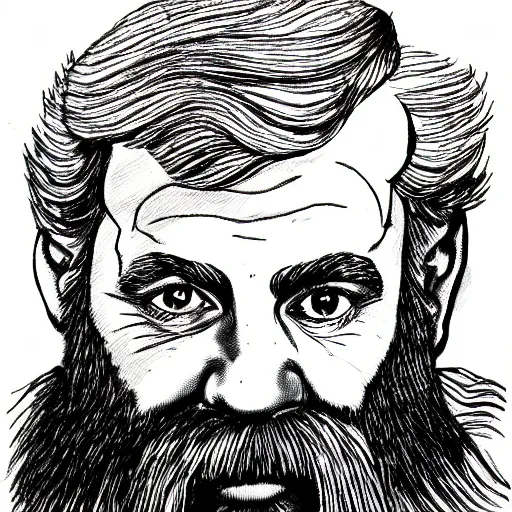 Image similar to portrait, face, symmetrical, half old bearded man, half young boy, outline pen drawing