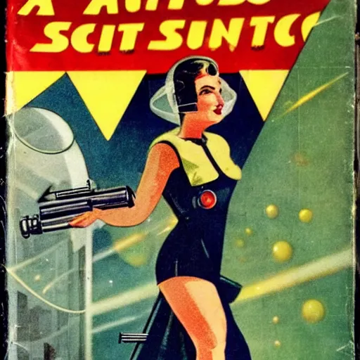 Prompt: A 1930s pulp sci-fi book cover depicting a woman in a space suit shooting a raygun, retrofuturism