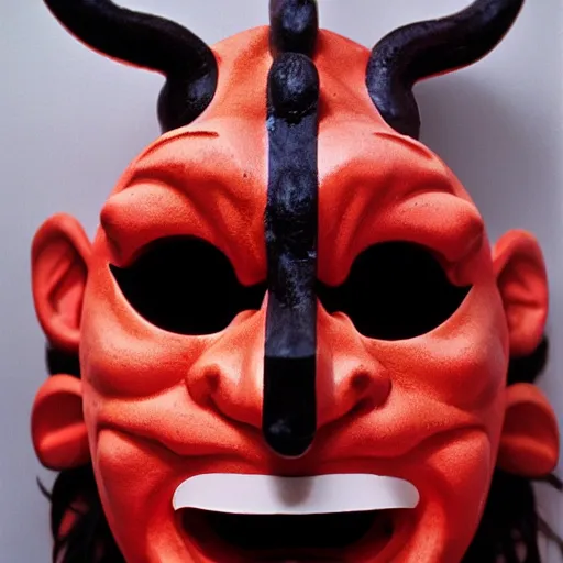 Image similar to Japanese demon mask designed by Rick Owens, 35mm film, photograph