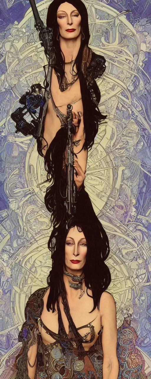 Prompt: beautiful enticing cyberpunk art nouveau style portrait of anjelica huston as a chic street soldier by olivia de bernardinis, moebius, chris achilleos and alphonse mucha, photorealism, extremely hyperdetailed, perfect symmetrical facial features, perfect anatomy, ornate declotage, latex, weapon, high technical detail, confident expression, wry smile