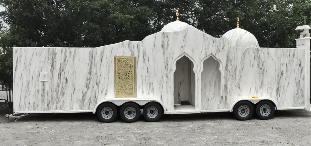 Image similar to islamic and indian - inspired ivory - white marble tiny mausoleum on trailer