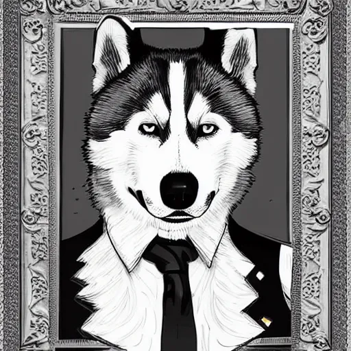 Prompt: a man with a husky's face wearing a suit and holding a gun, Digital art, intricate details, illustration