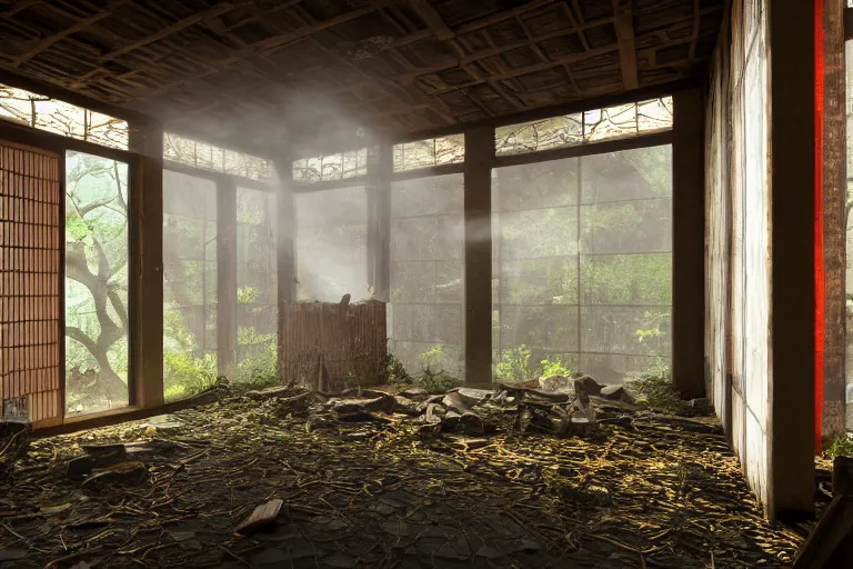 Image similar to ruined, abandoned japanese temple, seen from inside. Diffused light falls through the broken windows. Dirt, leaves on ground. Unreal Engine. Substance painter. Zbrush. Trending on artstation. 8K. Highly detailed.