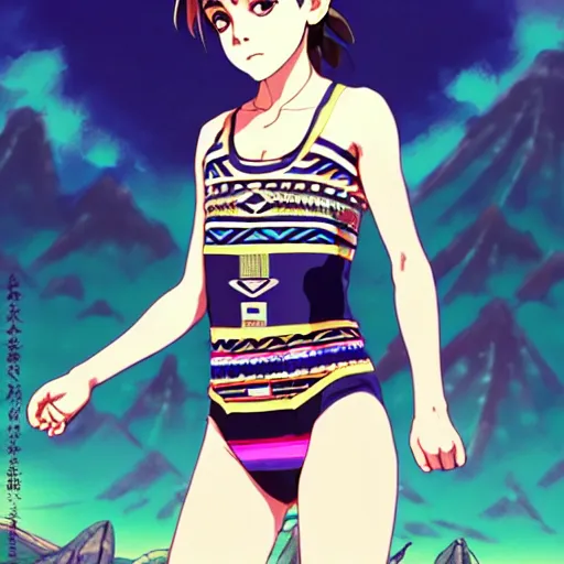 Image similar to a beautiful boyish emma watson alluring instagram model, wearing japanese hiphop aztec leotard outfit with mayan pattern and native style, aztec street fashion bathing suit, botw style, gapmoe yandere grimdark, trending on pixiv fanbox, painted by greg rutkowski makoto shinkai takashi takeuchi studio ghibli, akihiko yoshida