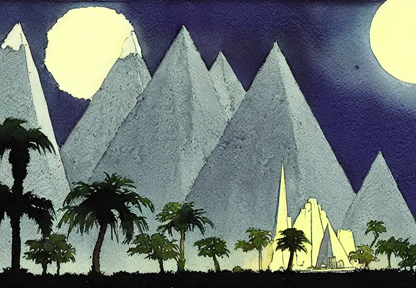 Image similar to a simple watercolor fantasy concept art of several large white pyramids with a dark grey boxy ufo from independence day ( 1 9 9 6 ) next to a palm tree at night with white pyramids in the background. by studio ghibli, rebecca guay, michael kaluta, charles vess