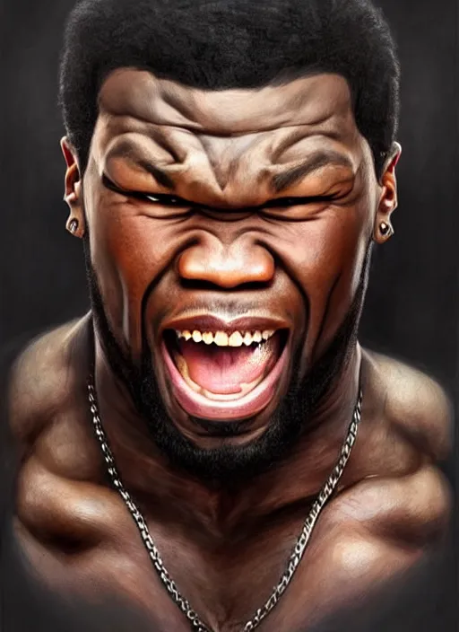 Prompt: Portrait of 50 cent screaming!!!!!!, D&D, muscular, fantasy, intricate, elegant, highly detailed, digital painting, artstation, concept art, smooth, sharp focus, illustration, art by artgerm and greg rutkowski and alphonse mucha