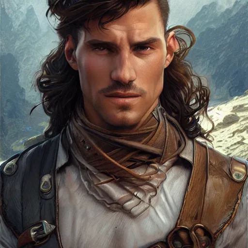 Image similar to portrait of a young, ruggedly handsome ranger, muscular, half body, leather, smirk, fantasy, intricate, elegant, highly detailed, digital painting, artstation, concept art, smooth, sharp focus, illustration, art by artgerm and greg rutkowski and alphonse mucha