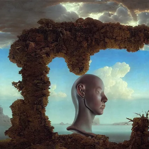 Image similar to hyperrealistic surrealism, dreamscape, david friedrich, award winning masterpiece with incredible details, zhang kechun, a surreal vaporwave vaporwave vaporwave vaporwave vaporwave painting by thomas cole of a gigantic broken mannequin head sculpture in ruins, astronaut lost in liminal space, highly detailed, trending on artstation