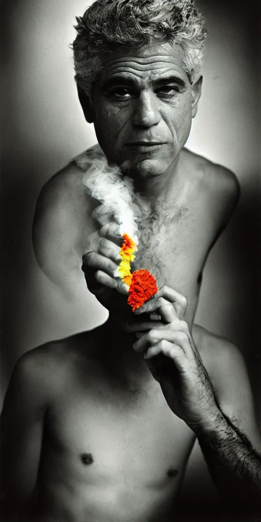 Image similar to award winning photo of yair lapid smoking weed, vivid colors, happy, symmetrical face, beautiful eyes, studio lighting, wide shot art by Sally Mann & Arnold Newman